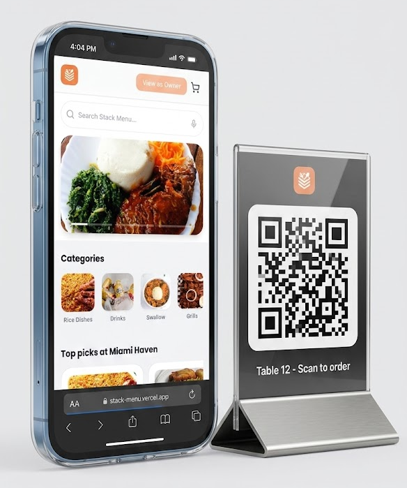 StackMenu phone interface showing digital menu next to a table QR code stand